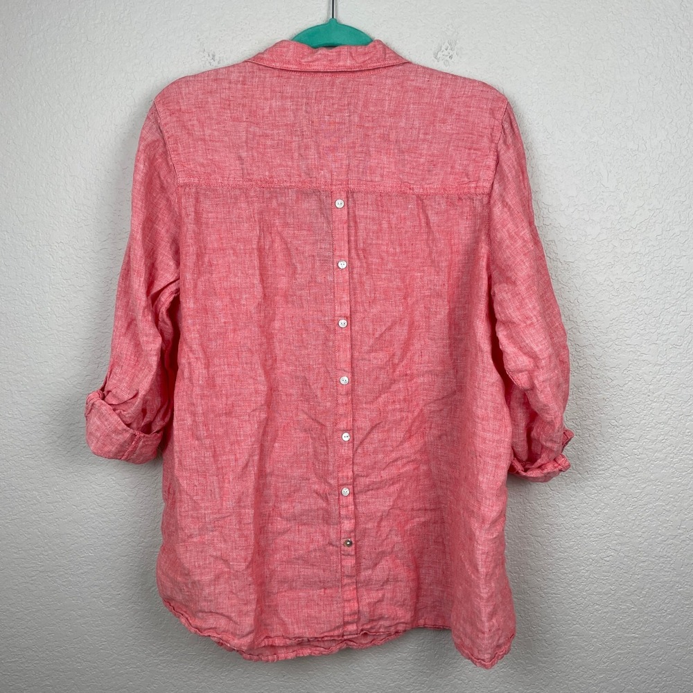 Tahari Linen Blouse Size 1X Plus Coral Faux Button Back Shirt Roll Tab Sleeves - Picture 5 of 10